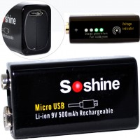 Soshine 9V 500 mAh Li-Ion Крона со встроенным USB портом для зарядки и индикацией заряда + бокс.