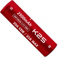 VapCell K25 18650 2500 mAh INR (Red), Высокотоковый 20A (35A) без защиты (аналог Samsung 25R).